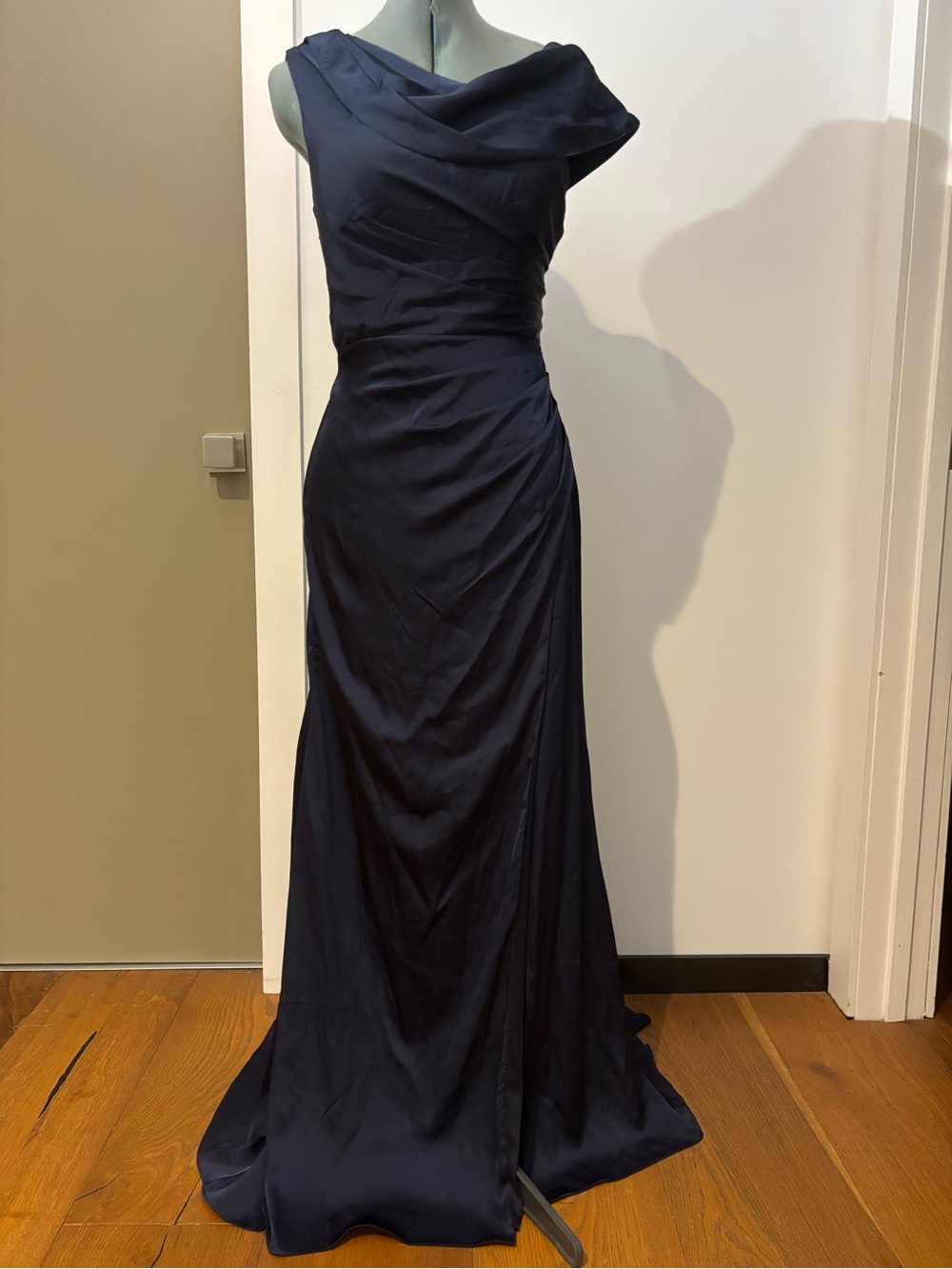 Navy Blue One-Shoulder Satin Formal Gown Lace-Up Back Maxi Dress NWT Size S-M